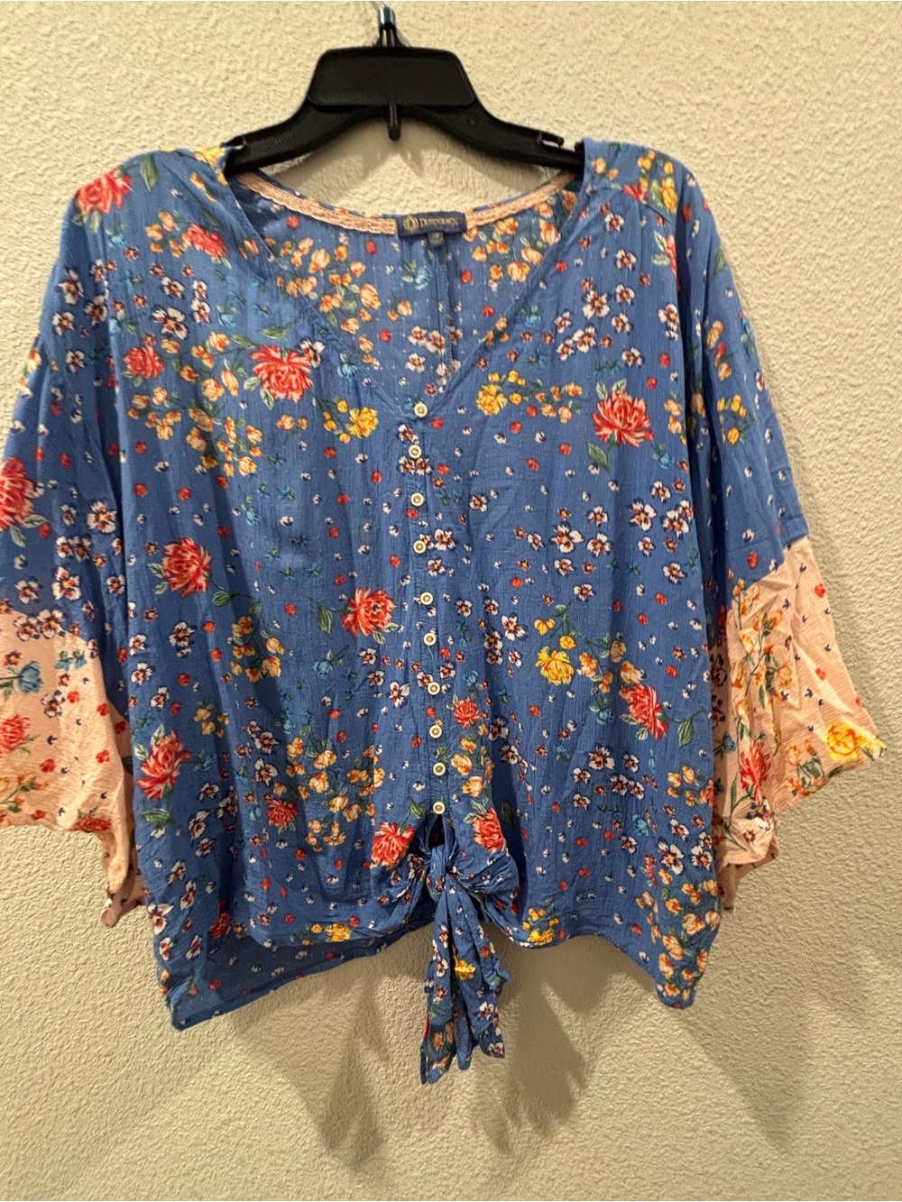 Democracy Blue Floral Button-Front Tie Blouse with Cream Sleeve Panels